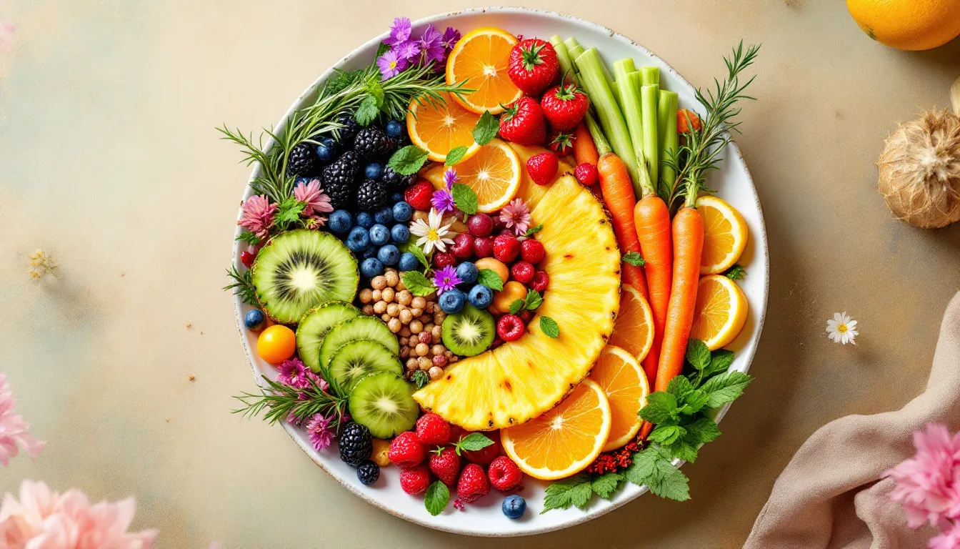 A colorful plate of healthy foods supporting lymphatic flow, including fruits and vegetables.