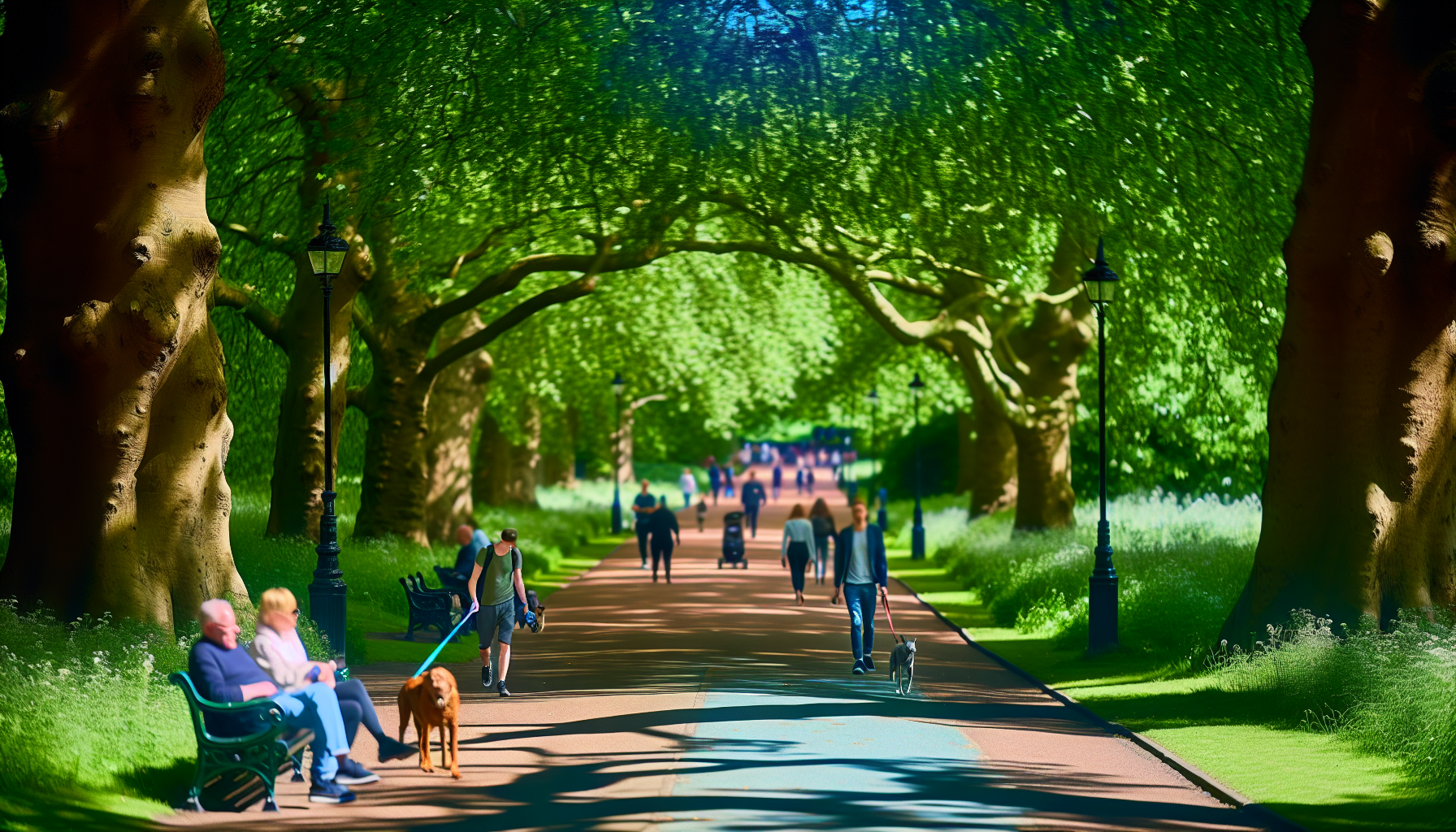 Historical walking trail in Hyde Park with pets and owners enjoying nature