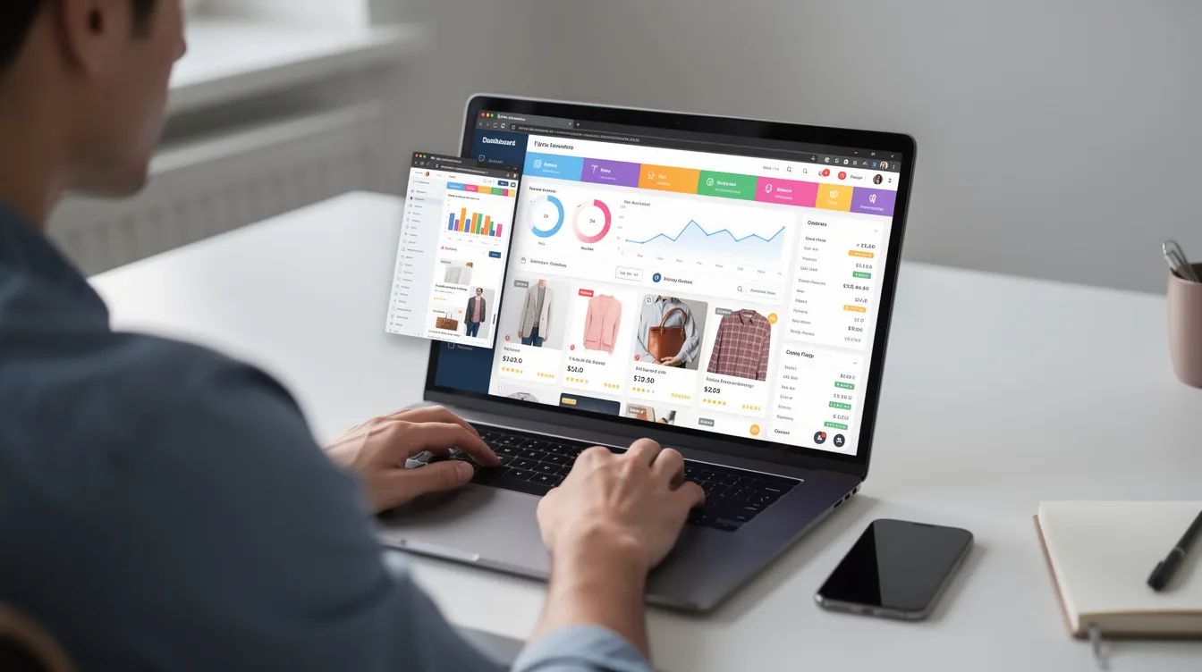 A person is focused on their laptop, navigating through multiple browser tabs that display e-commerce dashboards and product listings, essential for managing their dropshipping store. The screens showcase various ai powered tools for product research, pricing strategies, and tracking inventory to enhance customer satisfaction and protect profit margins.
