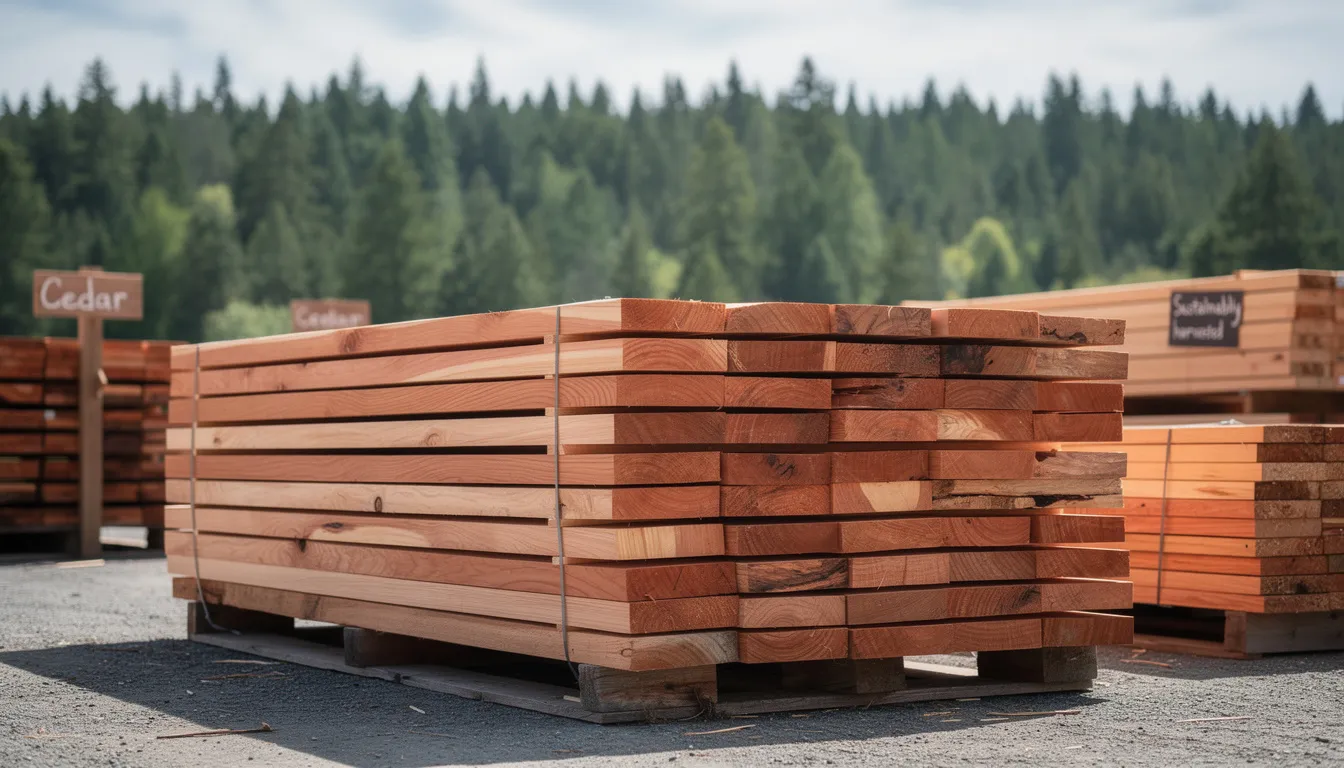 A stack of sustainably harvested western red cedar planks is neatly arranged in a lumber yard, with a lush forest backdrop. These cedar materials are ideal for sauna construction, offering natural beauty and moisture resistance for energy-efficient sauna builds.