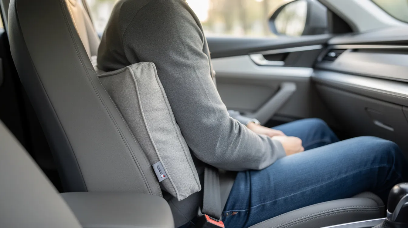 A person is seated in the passenger side of a car, with a small dark grey microbead travel pillow tucked behind their lower back for lumbar support. The pillow provides supportive comfort, helping to alleviate pressure during the journey.