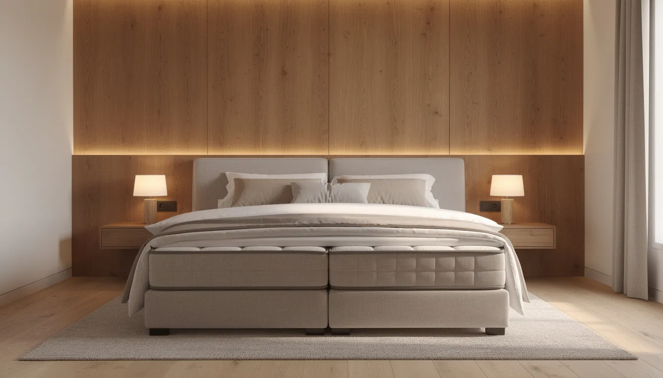 De afbeelding toont een stijlvolle slaapkamer met warme houten wandpanelen achter een luxe boxspring bed, wat zorgt voor een moderne uitstraling en een rustgevende sfeer. De strakke afwerking van de wandpanelen geeft het interieur een esthetisch aantrekkelijke en comfortabele ambiance.