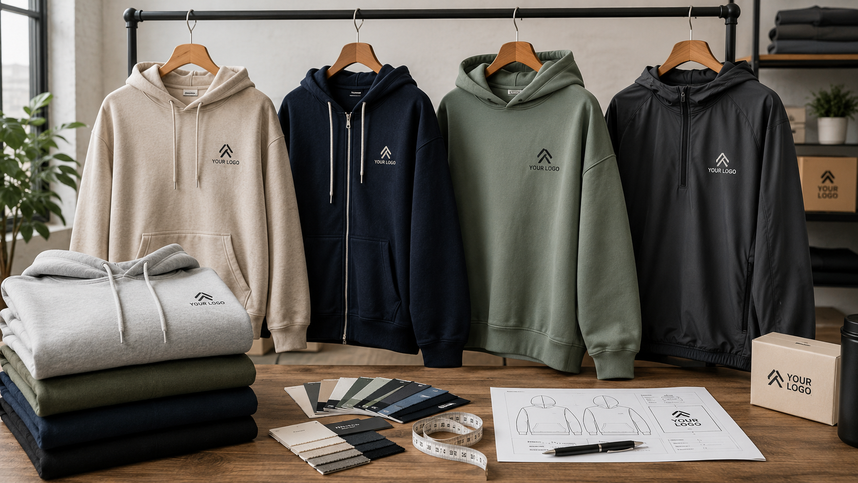 Different hoodie styles displayed in a showroom for custom apparel and corporate branding projects