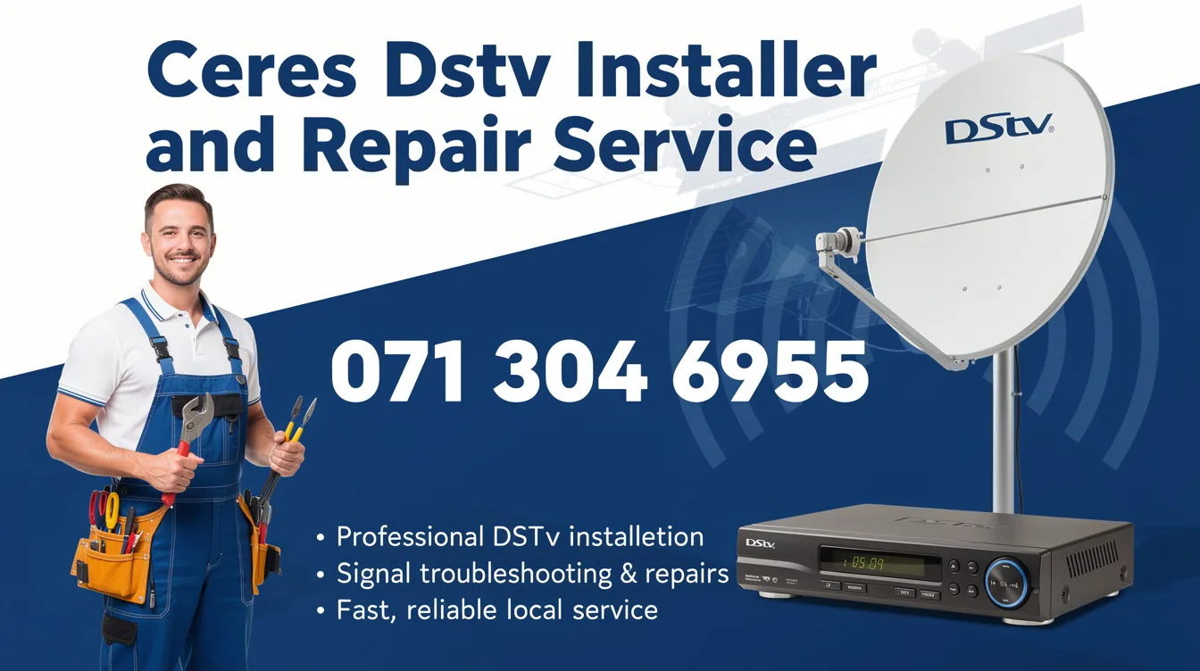 The image features a promotional banner for a Ceres DStv installation and repair service, displaying the contact number 071 304 6955. It highlights professional DStv installation services, including satellite dish installation and troubleshooting, aimed at both residential and commercial clients in Ceres, Western Cape.