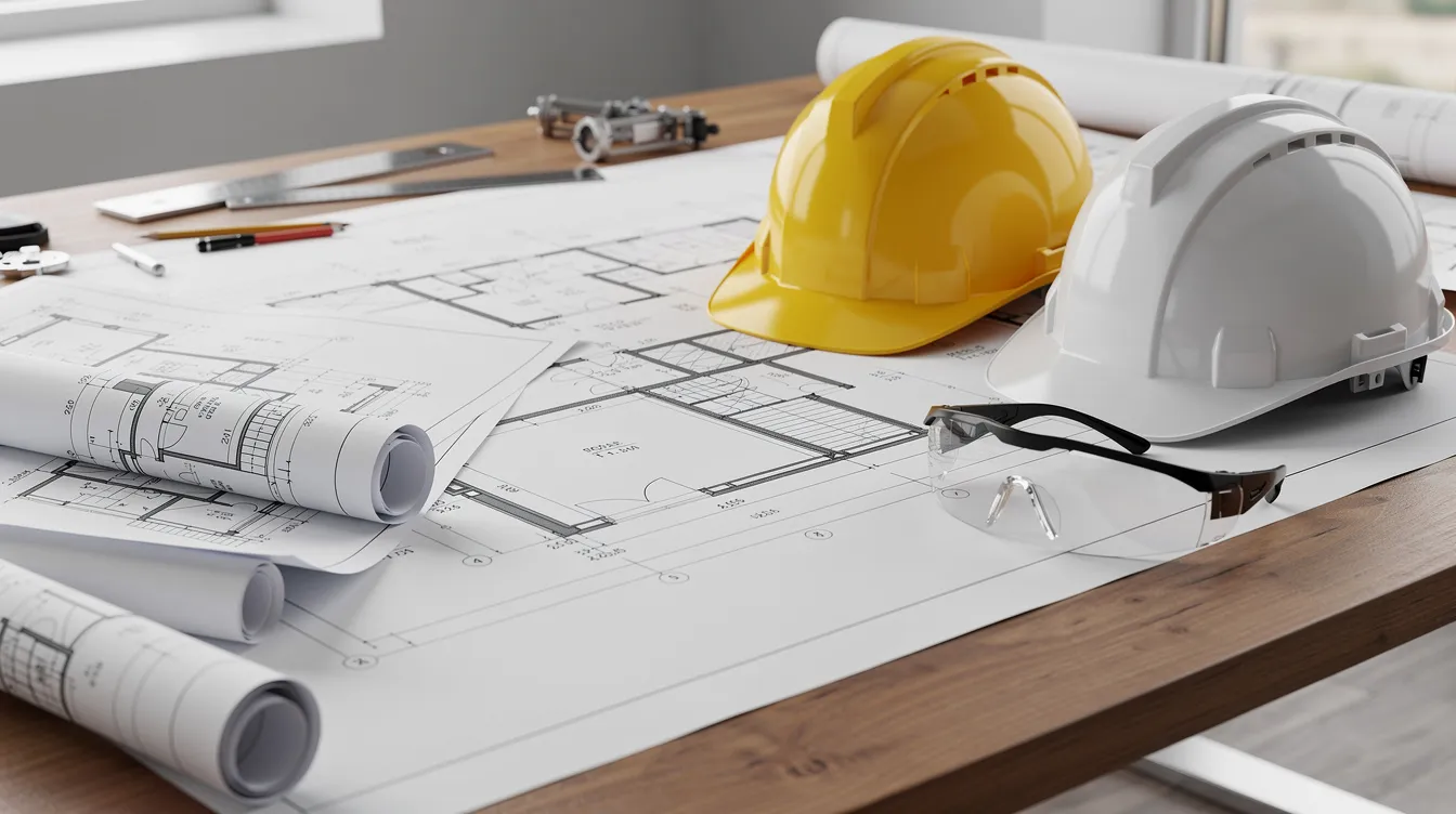 The image shows detailed architectural blueprints spread out on a table, accompanied by hard hats and safety glasses, symbolizing the construction industry and the importance of safety in construction projects. This scene reflects the critical aspects of construction law, including construction disputes and contract drafting, essential for construction attorneys and industry professionals.