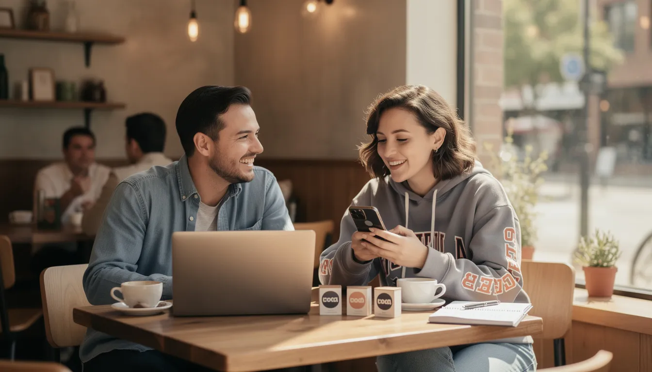 A small business owner is seated at a cozy coffee shop table, engaged in a discussion with a local micro-influencer. The warm atmosphere highlights their collaboration on influencer marketing strategies to enhance brand visibility and reach potential customers through various social media platforms.