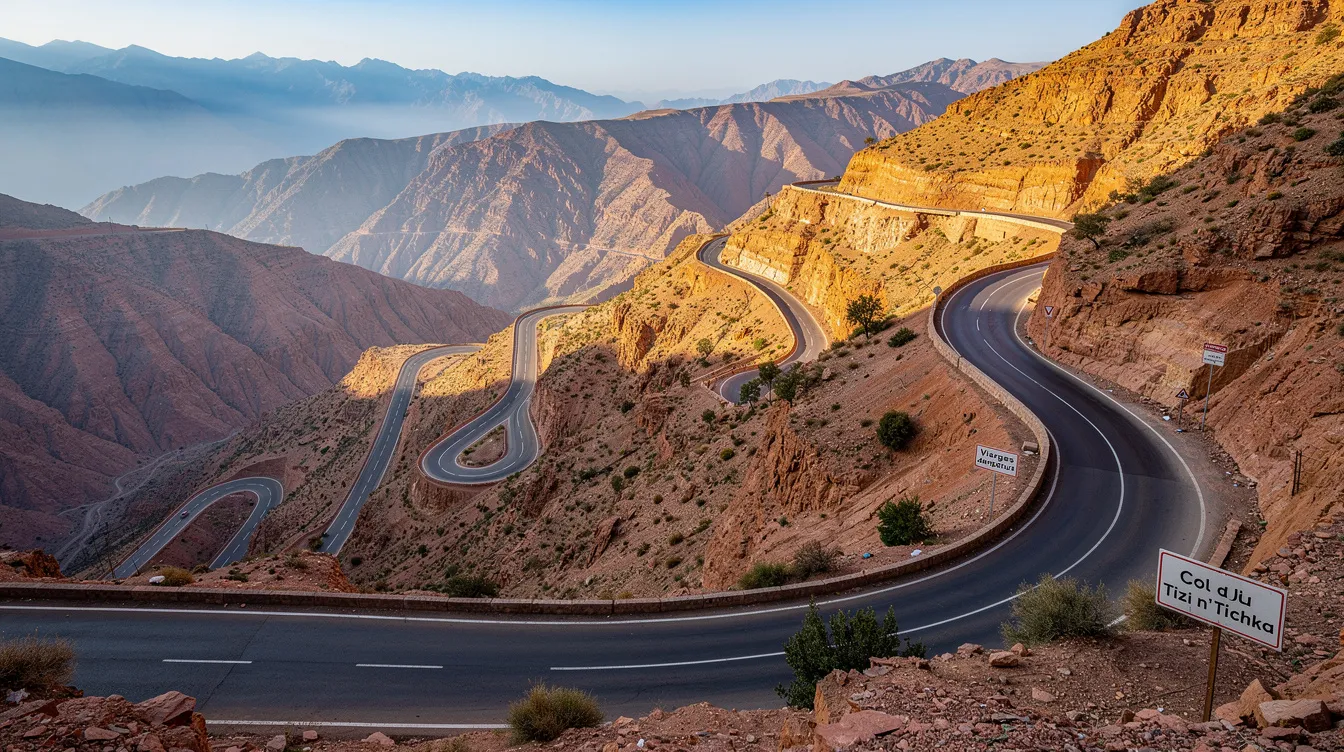 Une route sinueuse de montagne traverse le col du Tizi n'Tichka dans l'Atlas marocain, entourée de paysages spectaculaires et de virages en épingle. Ce lieu offre une expérience unique pour ceux qui souhaitent louer une voiture à Marrakech et explorer les beautés naturelles du Maroc.