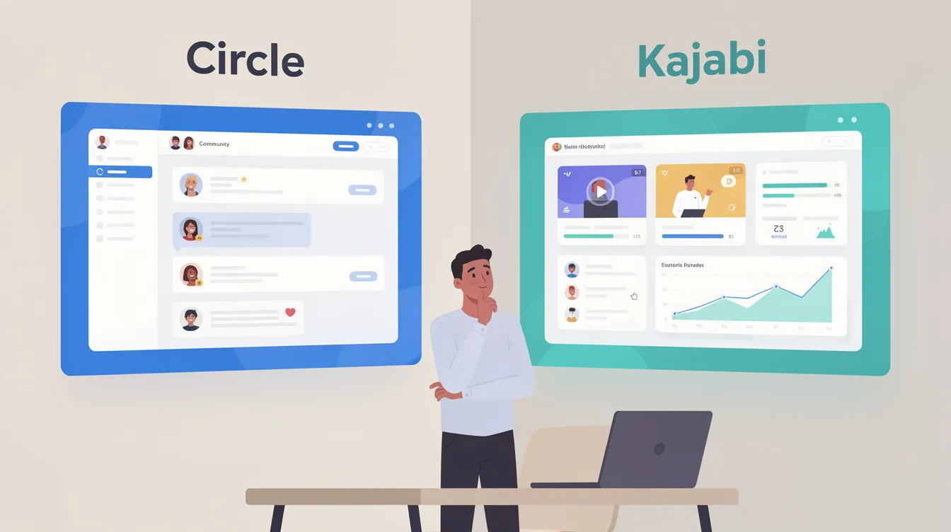 The image depicts a split-screen comparison of two platforms, Circle and Kajabi, highlighting their unique features for community building and course creation. On one side, Circle is shown as a dedicated community platform with robust community features and engagement tools, while Kajabi is presented as an all-in-one platform that includes advanced marketing features and course management capabilities.