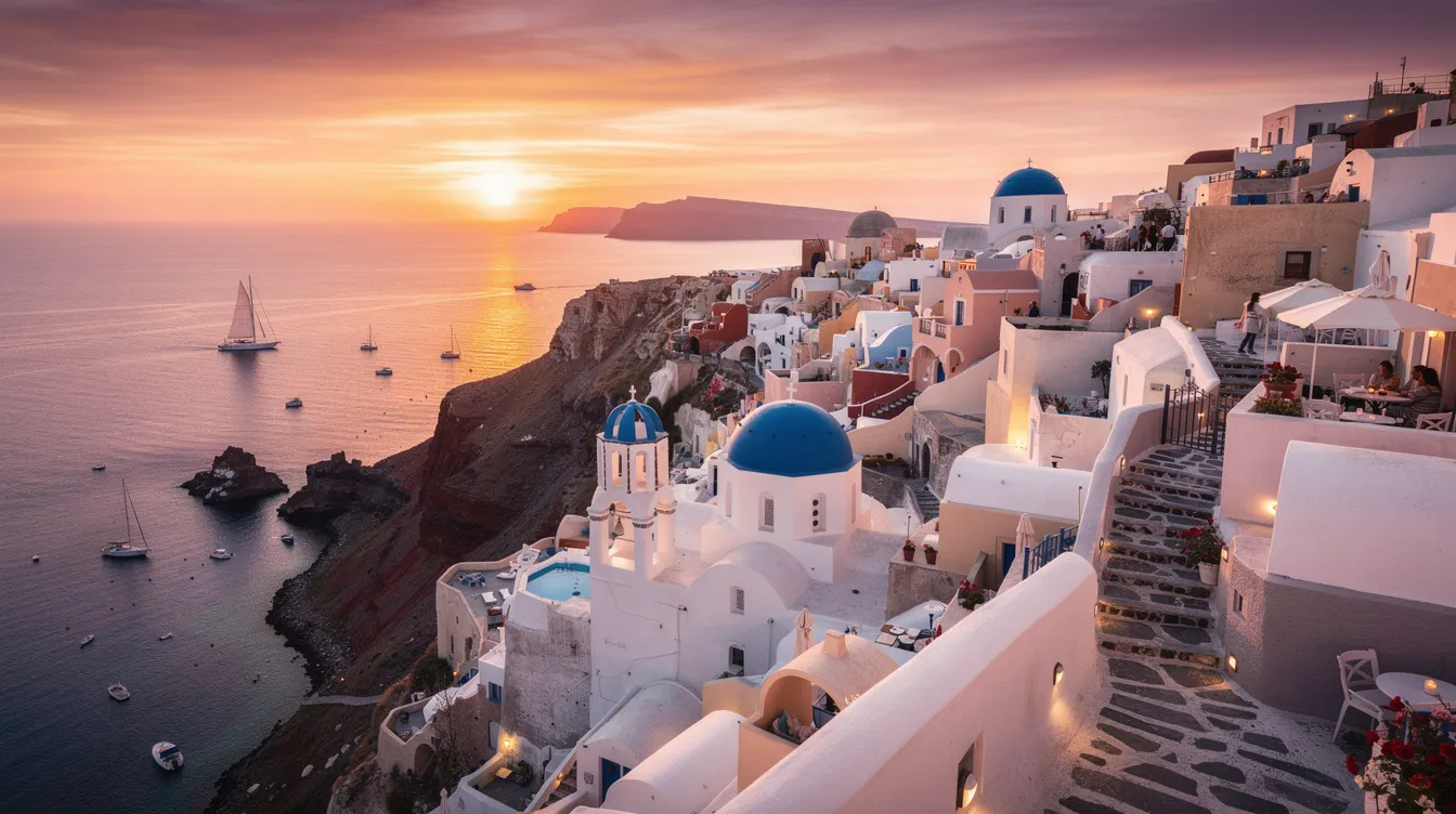 A imagem retrata a famosa ilha de Santorini, na Grécia, com suas casas brancas de telhados azuis contrastando com o céu claro e o mar Egeu ao fundo. Este destino é conhecido por sua rica história, cultura grega e belas paisagens, atraindo viajantes de todo o mundo.