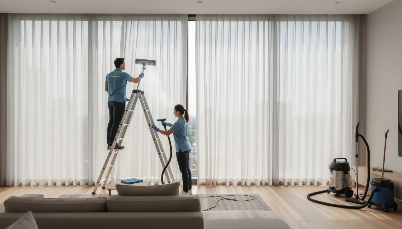 A professional cleaning crew is meticulously working on tall curtains in a modern apartment living room, utilizing advanced techniques for effective curtain cleaning services. Their efforts ensure the curtains are fresh and clean, contributing to a healthier living space and improved indoor air quality.