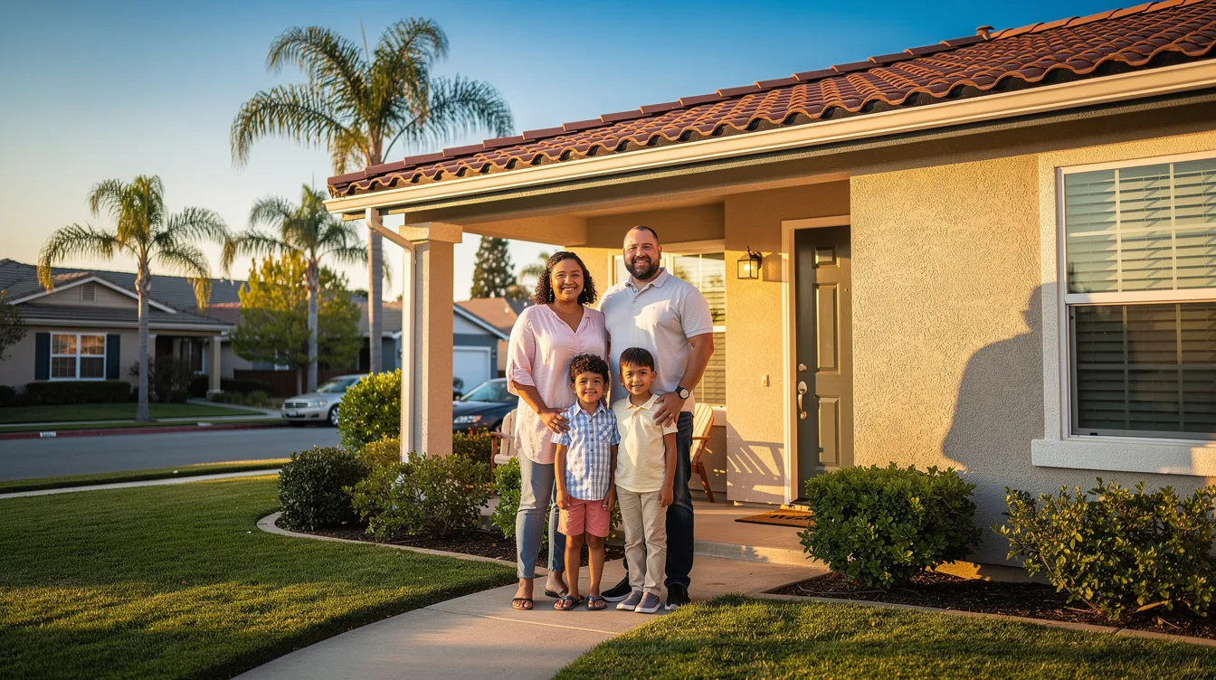 A family of four, including two adults and two children, stands together smiling on the front porch of a charming suburban home in a Southern California neighborhood. The scene reflects a sense of unity and warmth, symbolizing a fresh start and the importance of family during financial challenges, such as those addressed by experienced bankruptcy attorneys in Torrance, CA.