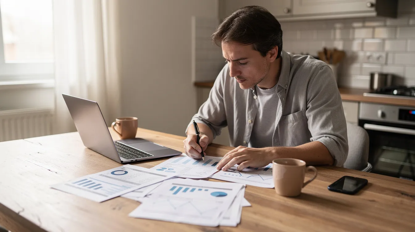 The image shows a person seated at a kitchen table, intently reviewing financial documents alongside a laptop, indicating a focus on real estate investments and possibly exploring options like hard money loans or bridge loans for their investment property. The setting suggests a casual yet serious approach to managing finances and understanding loan terms.