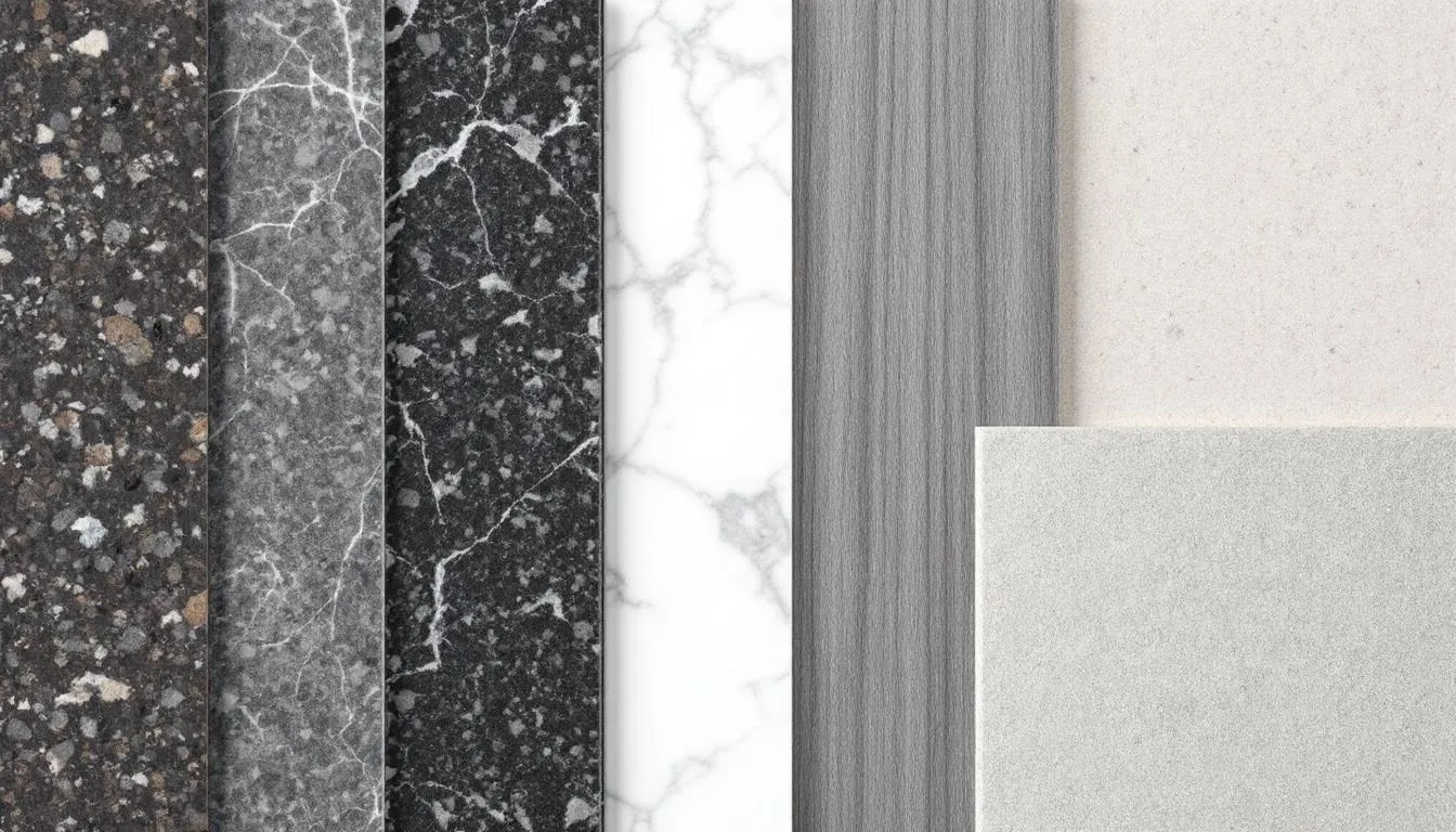 The image displays a variety of countertop material samples, including quartz, solid wood, and other natural materials, showcasing options for a kitchen renovation. These samples highlight the different textures and colors that can enhance a kitchen remodel, contributing to the overall design of a dream kitchen.