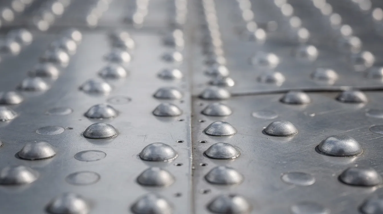 The image shows a close-up view of rows of dome-shaped aluminum rivet heads on a sheet metal aircraft skin panel, highlighting the intricate details of the rivets used in the riveting process. These solid rivets serve as permanent mechanical fasteners, ensuring a tight joint for joining materials in aircraft assembly.