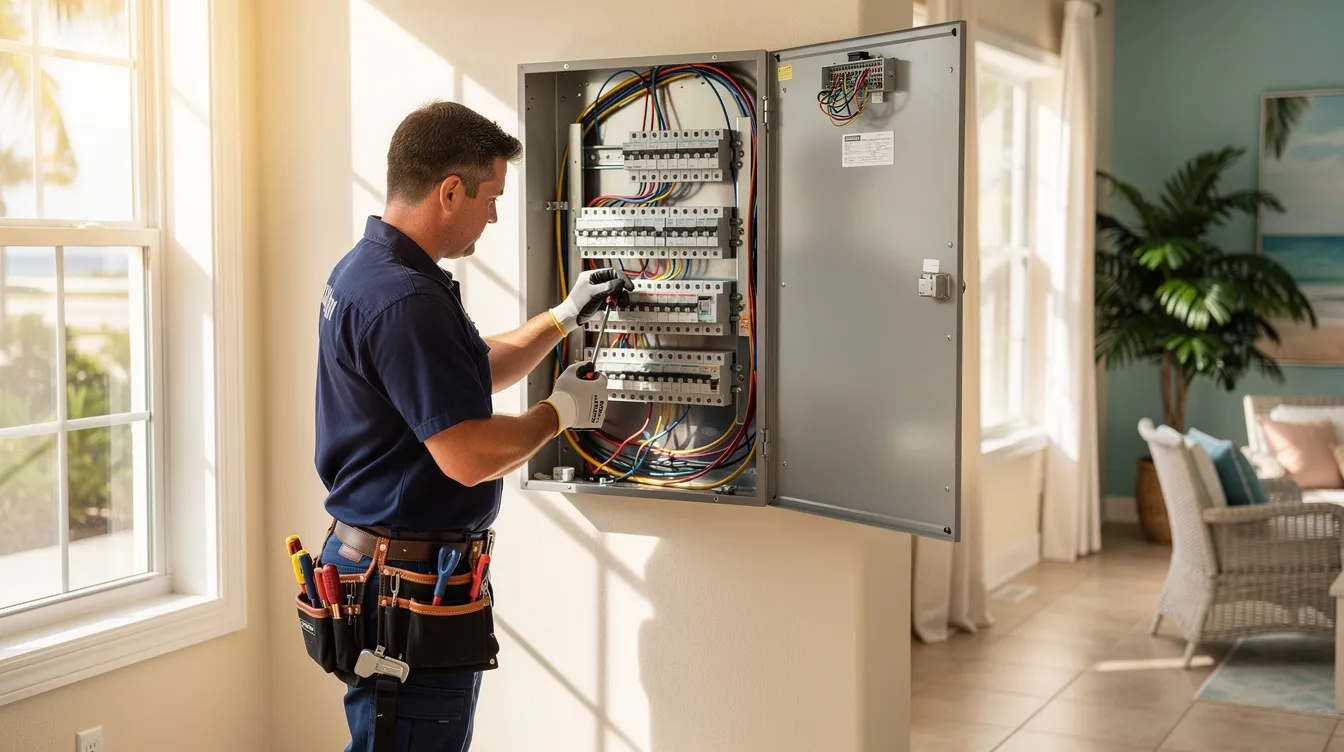 An electrician is seen working on a residential electrical panel inside a bright, airy Florida-style home, surrounded by warm sunlight. This image captures the essence of local businesses providing essential services, emphasizing the importance of local visibility and customer satisfaction in the community.