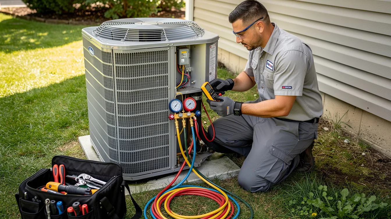 An HVAC technician is using various tools to inspect an outdoor air conditioning unit, checking components like the condenser coils and ensuring that the air conditioning system is functioning efficiently to blow cold air. The technician is focused on diagnosing any potential issues to maintain peak performance and comfort in the cooling system.