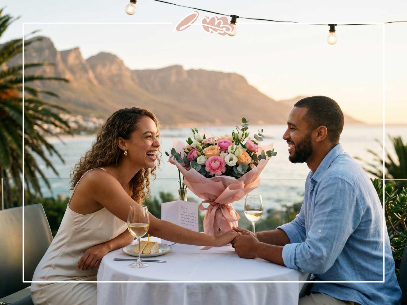Couple celebrating her birthday at a Camps Bay sunset terrace with a luxury pink-wrapped bouquet from Fabulous Flowers, Twelve Apostles in the background