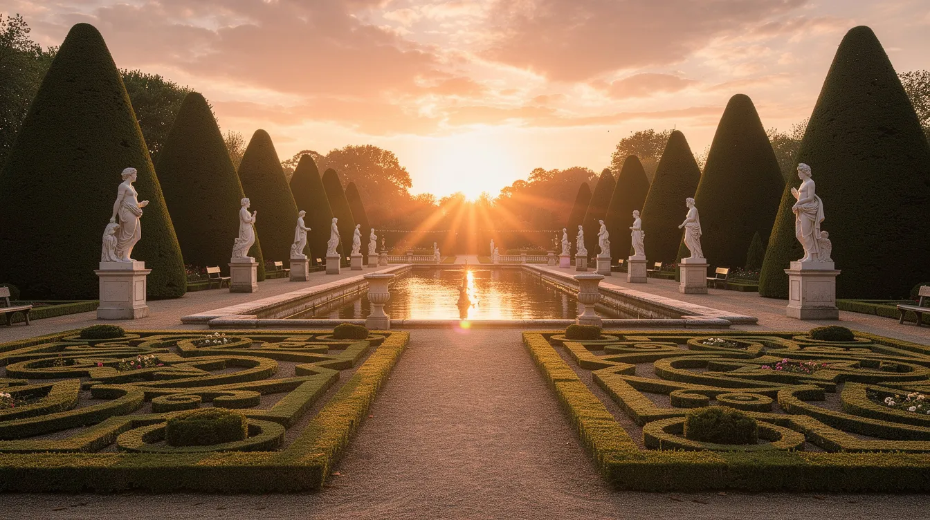 The image depicts a formal French garden adorned with classical sculptures, bathed in the warm glow of sunset. This picturesque setting, with its lush greenery and elegant design, evokes a romantic atmosphere, making it an ideal choice for wedding venues in Paris, France.