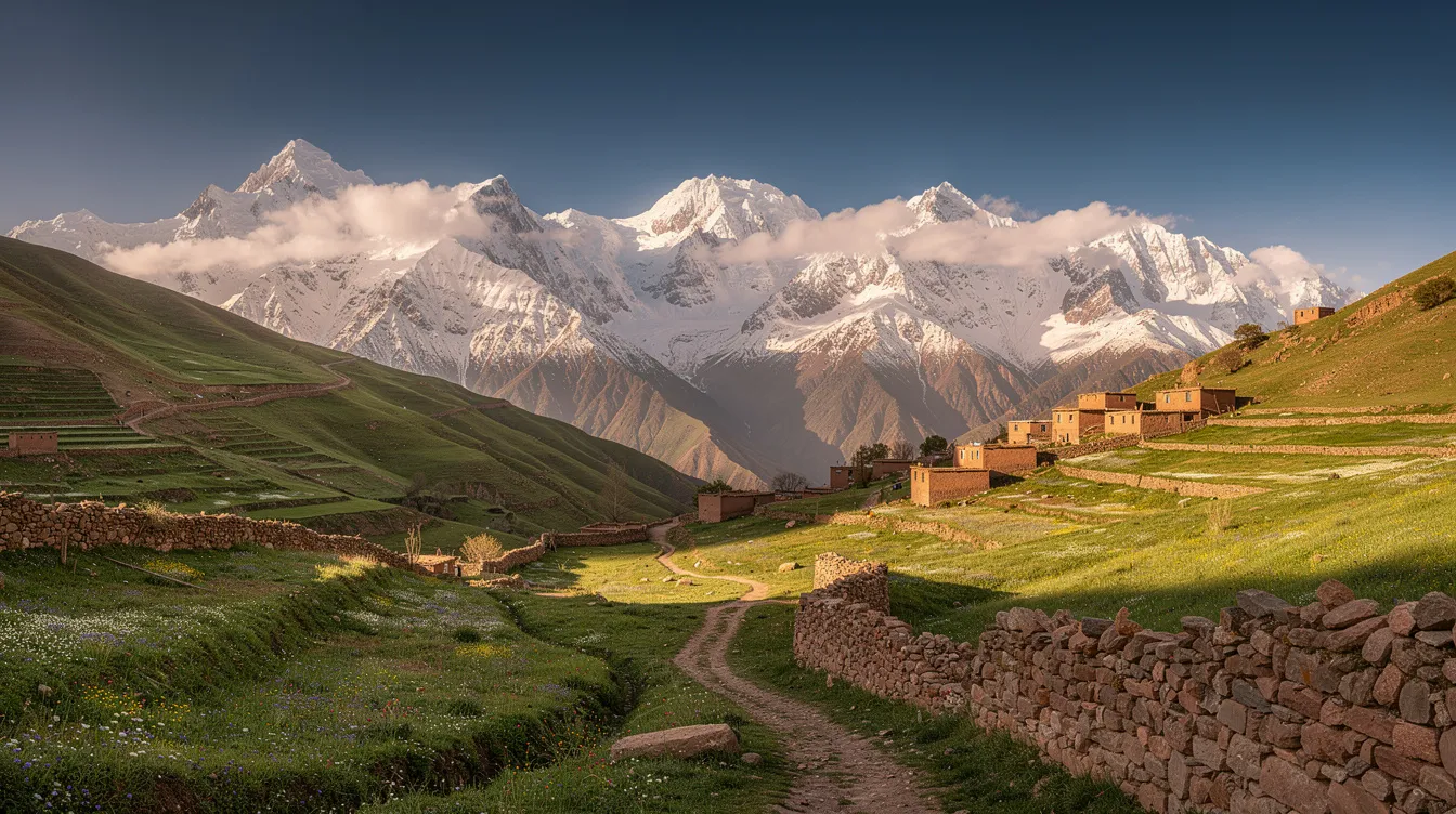 The image depicts the majestic snow-capped Atlas Mountains towering over lush green valleys, showcasing the stunning natural beauty of Morocco, a country located in Northwest Africa. This breathtaking landscape highlights the contrast between the rugged mountain terrain and the fertile valleys below, reflecting the diverse geography of the region.