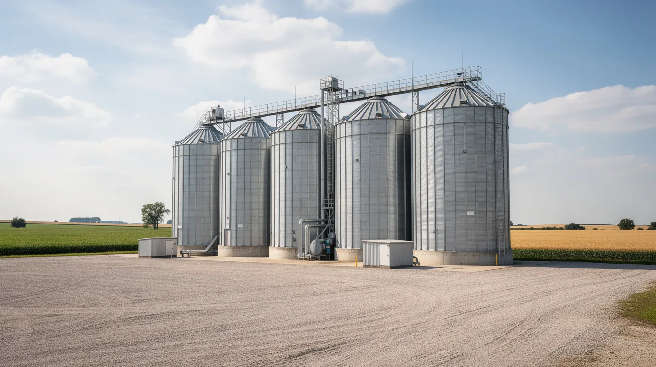 The image depicts a row of large corrugated steel grain storage silos at an industrial facility in a rural agricultural area, designed for efficient grain storage and capable of storing large quantities of grains like wheat and maize. These silos are constructed with durable materials to enhance their service life and reduce post-harvest losses for farmers.
