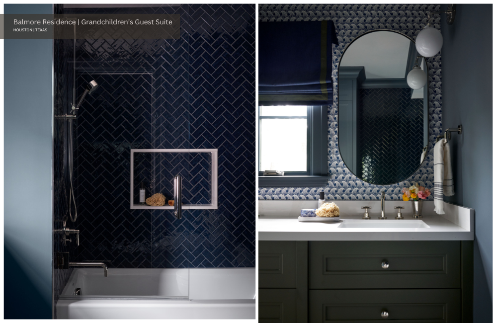 two blue and green bathrooms with wave and herringbone tile