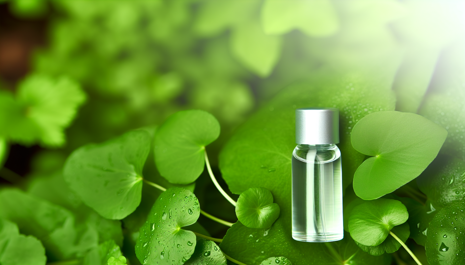 Bottle of Centella Asiatica extract surrounded by green leaves