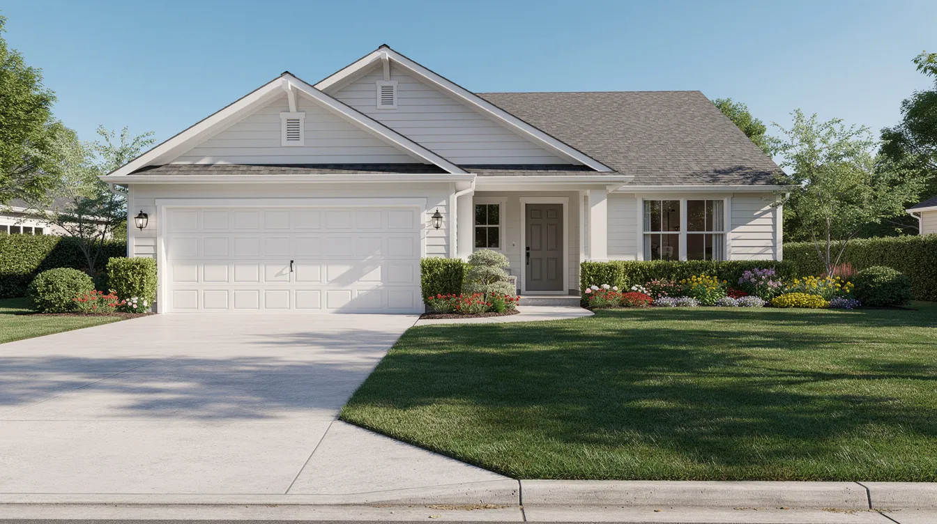 A charming suburban residential home stands under a bright blue sky, featuring a well-maintained front yard with lush green grass and colorful flowers, perfect for homeowners looking to enhance their property value. This inviting scene evokes thoughts of home equity loans and the potential for home improvements, making it an ideal backdrop for discussions on mortgage balance and monthly payments.
