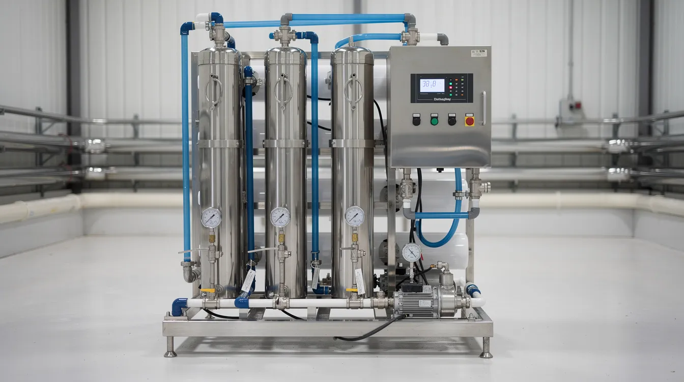 The image depicts a commercial reverse osmosis system designed for industrial applications, featuring a compact layout with various components including sediment filters and membranes. This equipment is engineered for optimal performance in water treatment, ensuring high purity water by effectively removing impurities and dissolved solids.