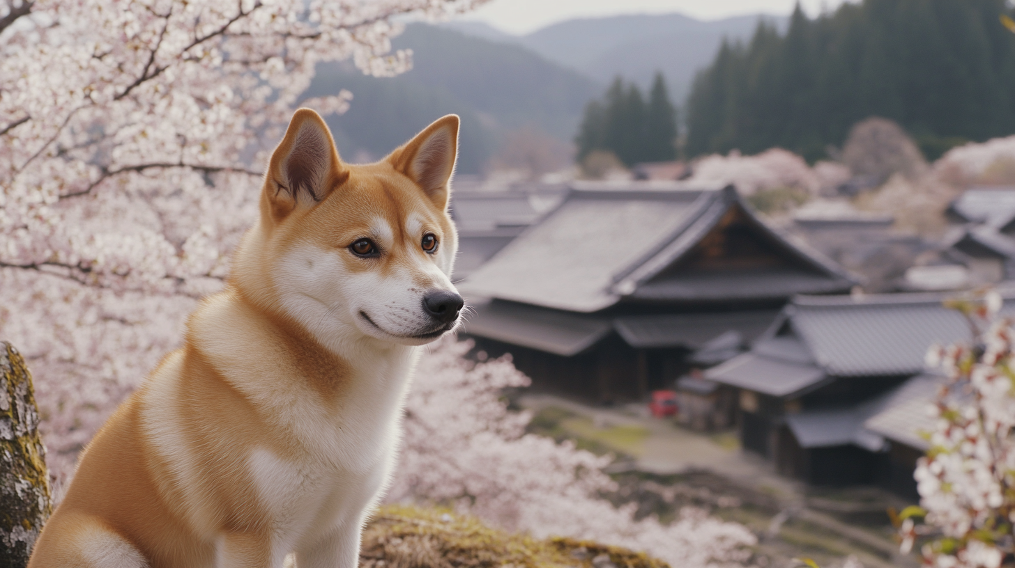An historical image of the Shikoku dog with traditional Japanese architecture in the background