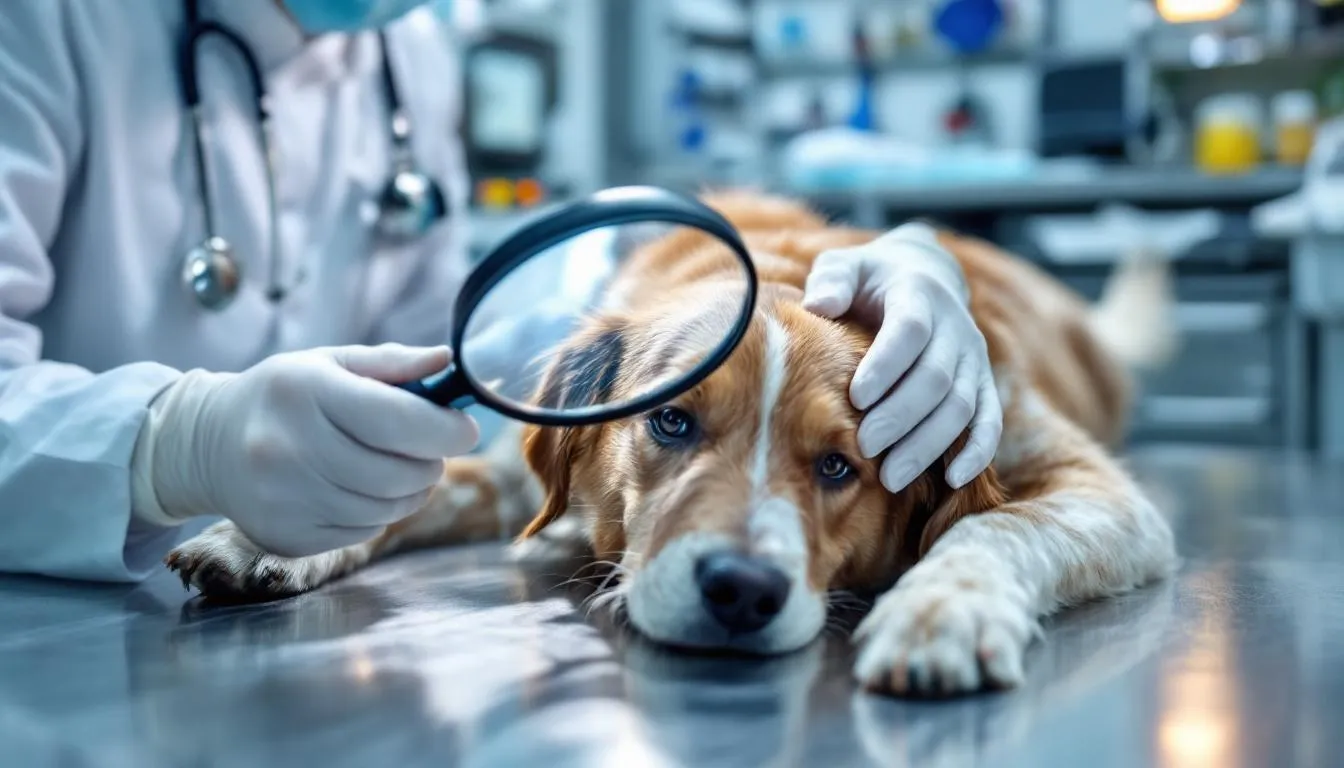 A veterinarian is closely examining a dog