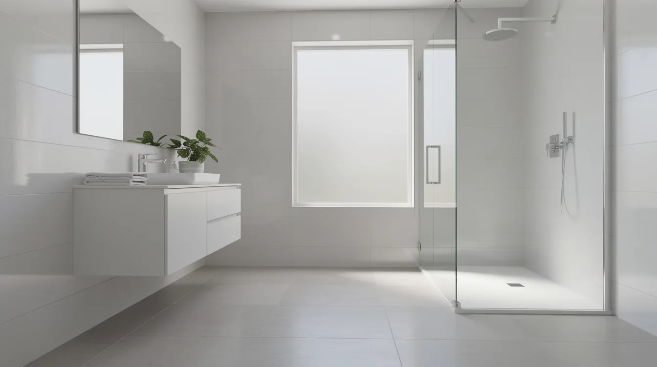 The image depicts a bright bathroom featuring glossy wall tiles that reflect light, complemented by matte slip-resistant floor tiles designed for wet areas. The combination of these tile finishes offers both visual appeal and safety, making it suitable for high traffic areas.