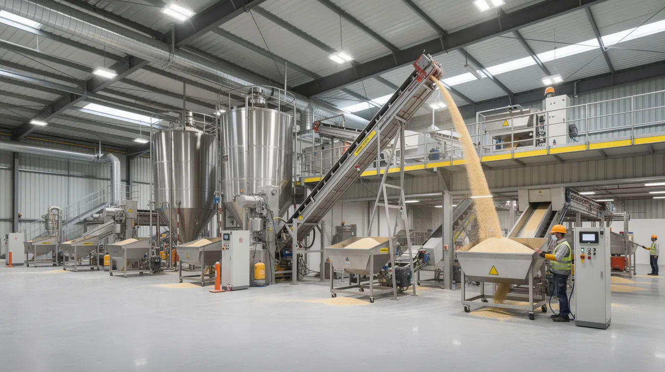 The image depicts a modern rice processing facility featuring large steel machinery and conveyor belts actively processing grains. This advanced rice mill plant is designed for high efficiency, showcasing the essential equipment used in the rice mill business to ensure optimal rice quality and reduced wastage.