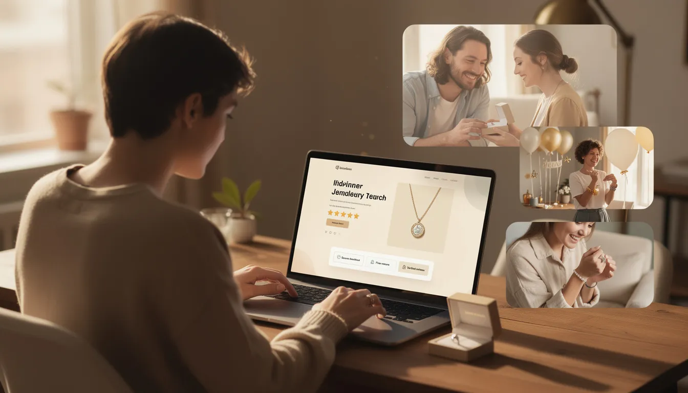 The image depicts a beautifully arranged display of various pieces of jewelry, including rings, necklaces, and bracelets, emphasizing the emotional significance of jewelry purchases. Trust signals, such as customer testimonials and security badges, are highlighted to enhance user engagement and boost conversions on the ecommerce website.