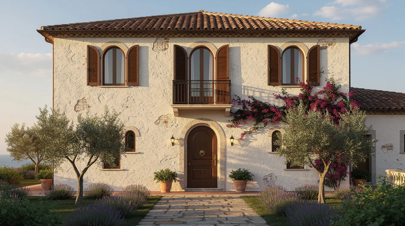 The image depicts a Mediterranean-style house exterior featuring textured stucco walls bathed in warm sunlight, showcasing the durable and weather-resistant properties of modern stucco. The stucco finish highlights the rougher texture, adding to the building's charm while ensuring it remains fire resistant and suitable for various climates.