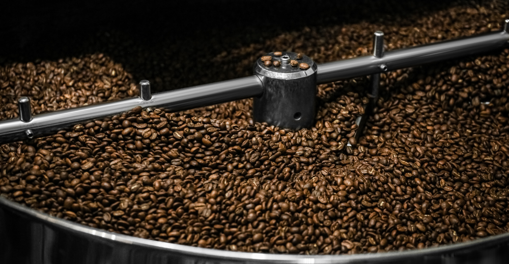 cooling tray filled with roasted coffee beans
