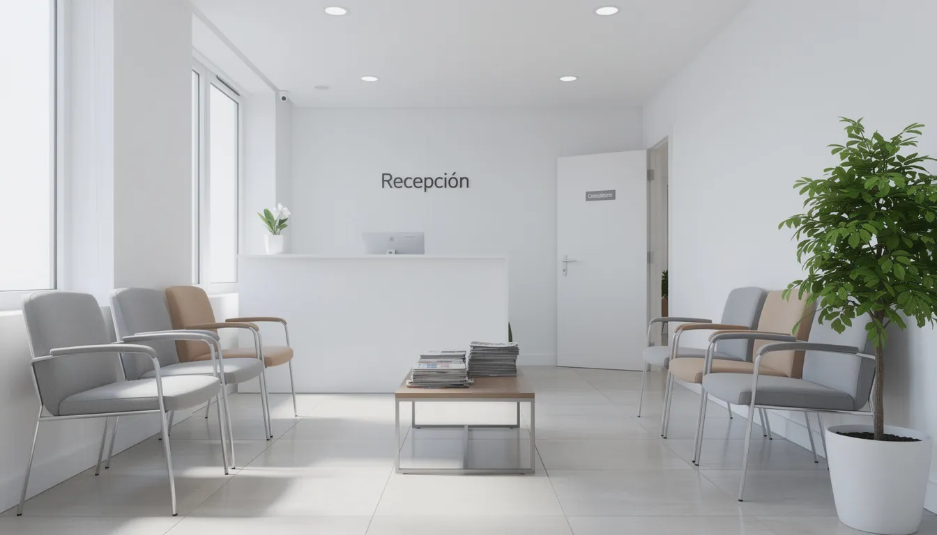 Sala de espera de un consultorio médico, ordenada y luminosa, con sillas cómodas dispuestas para los pacientes. Este espacio está diseñado para brindar una experiencia agradable mientras esperan su consulta, con un ambiente que promueve la calidad en la atención médica.