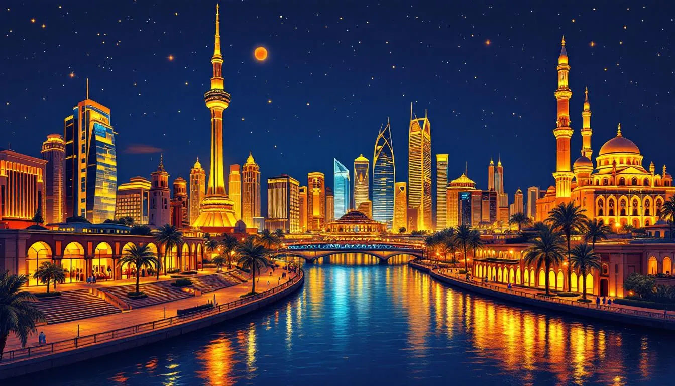A vibrant scene of Cairo by night, showcasing its modern attractions.