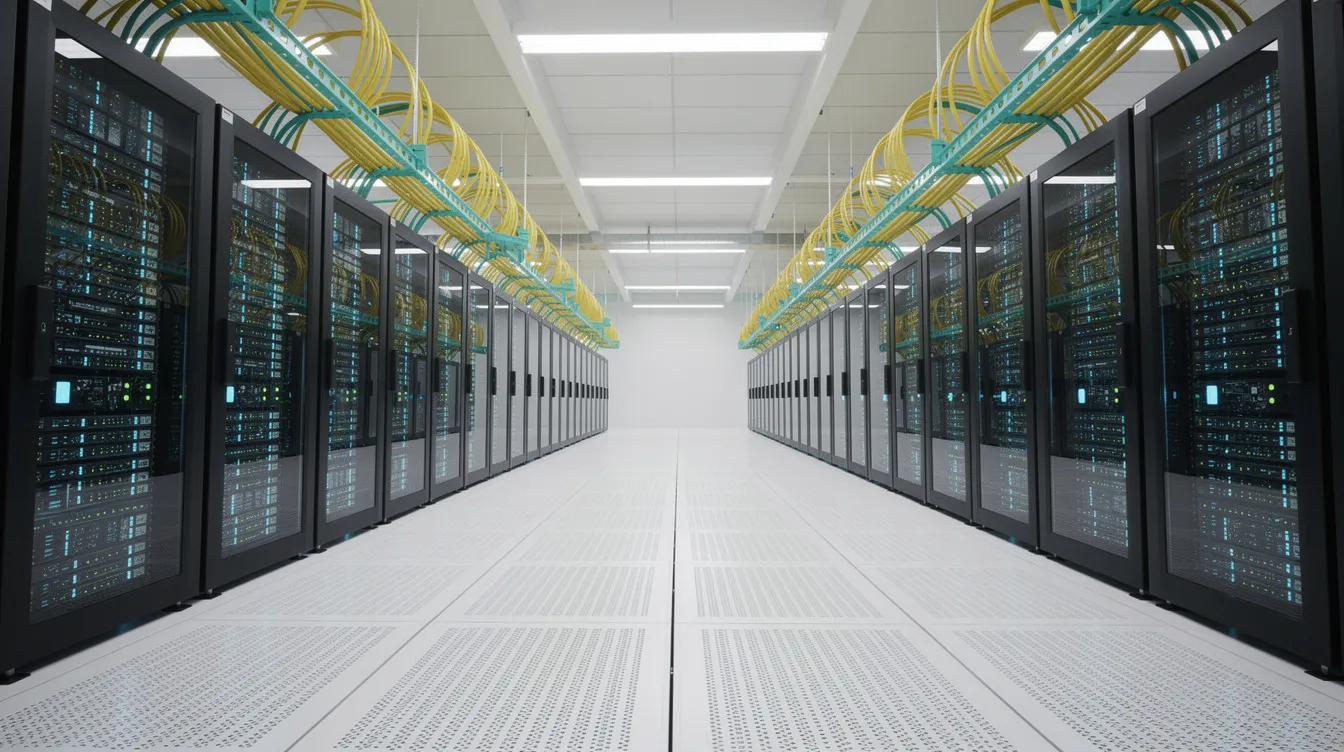 The image depicts the interior of a modern data center, featuring rows of server racks neatly organized with overhead bundles of fiber optic cables. This environment is essential for low voltage technicians, as it showcases the structured cabling and electrical systems vital for maintaining efficient data operations.