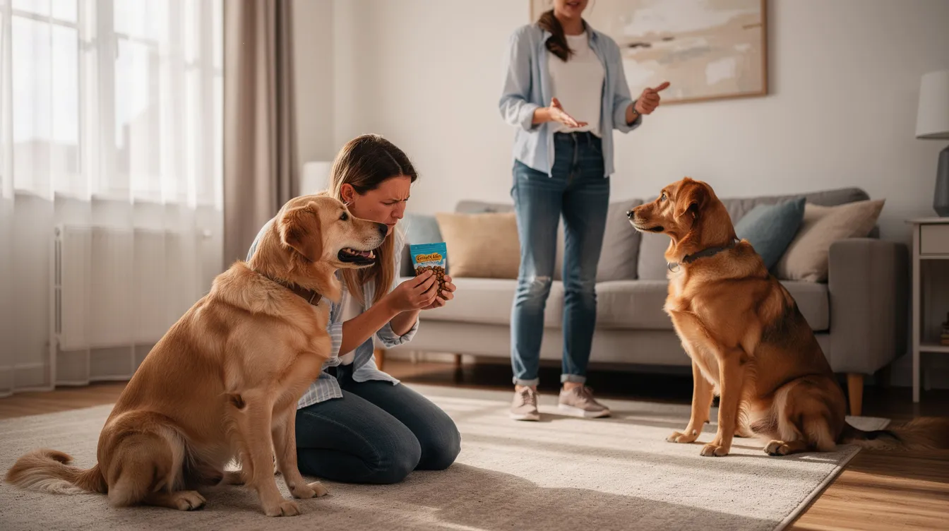 The image depicts a dog trainer in a bright room, using high-value treats to reinforce good behavior in a dog that is sitting attentively. The trainer is holding a treat pouch and using hand signals, demonstrating effective dog training techniques to encourage the dog to listen without reliance on food rewards.