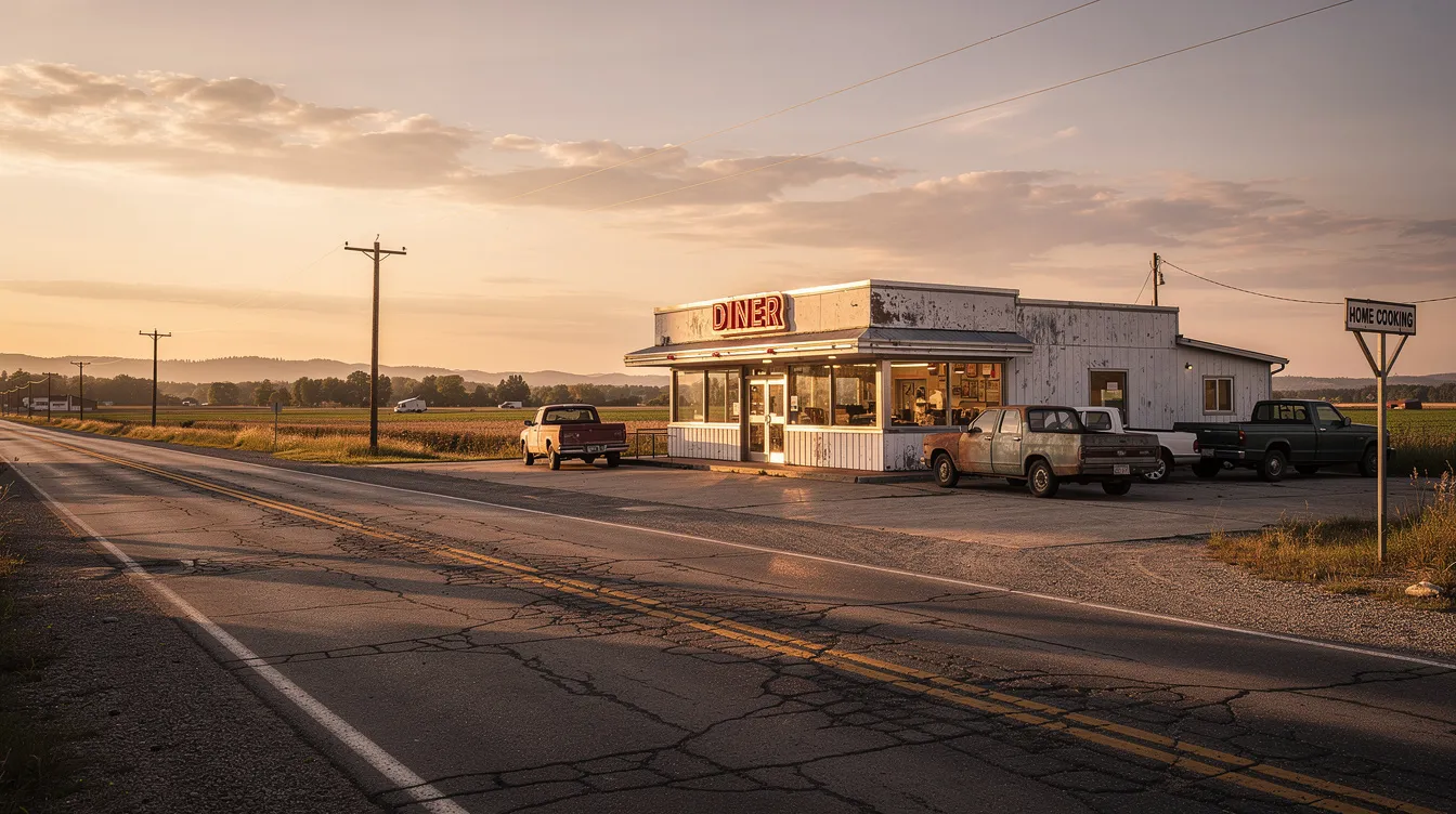 The image depicts a charming small-town diner located along a rural highway, featuring a vintage sign and a welcoming entrance. This cozy establishment embodies the cowboy lifestyle, inviting travelers to stop in for a meal and perhaps connect with other members of the community, reminiscent of the authentic cowboy dating experience.
