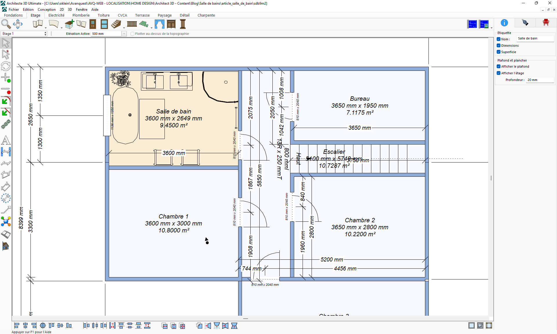 Plan 2D rénovation salle de bains 9 m2