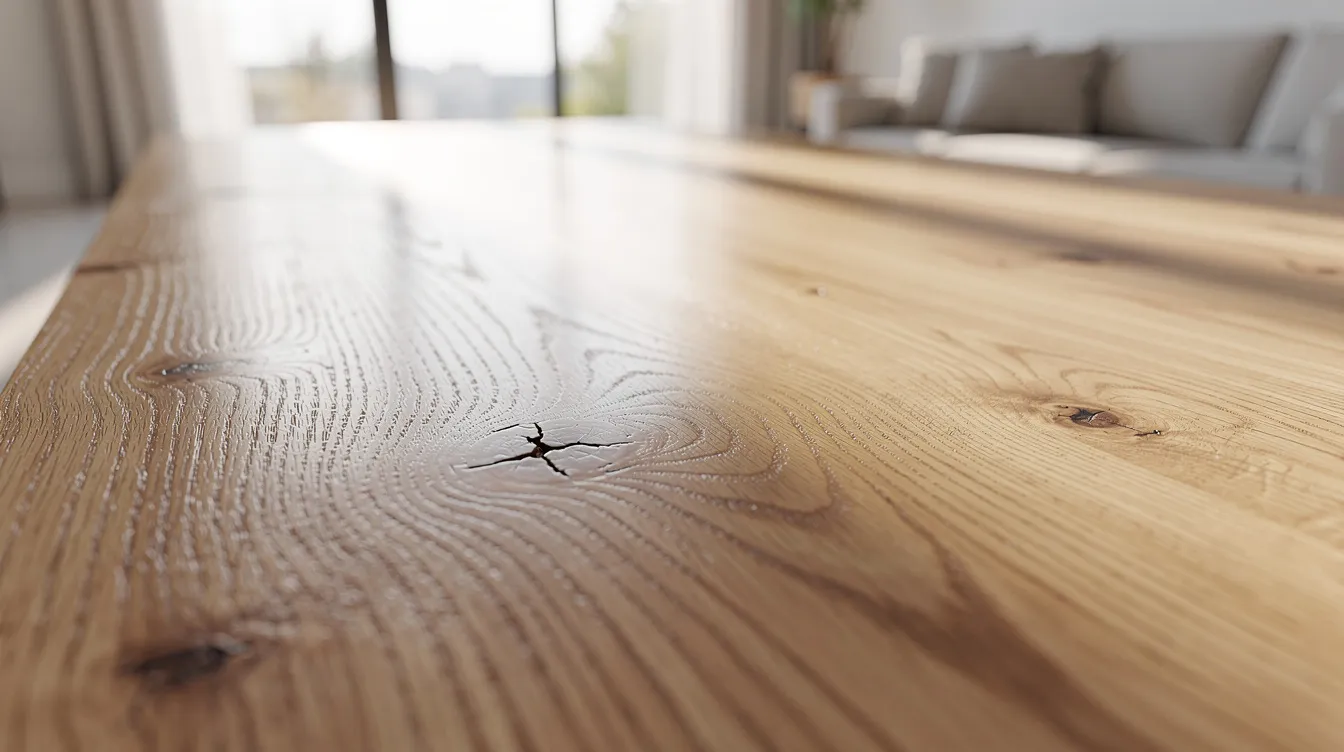 Close-up van een eiken tafelblad met een warme kleur en zichtbare houtnerf, geplaatst in een lichte woonkamer. Het oppervlak is goed onderhouden, wat belangrijk is voor eiken meubels, en het gebruik van onderzetters en een licht vochtige doek wordt aanbevolen om krassen en vlekken te voorkomen.