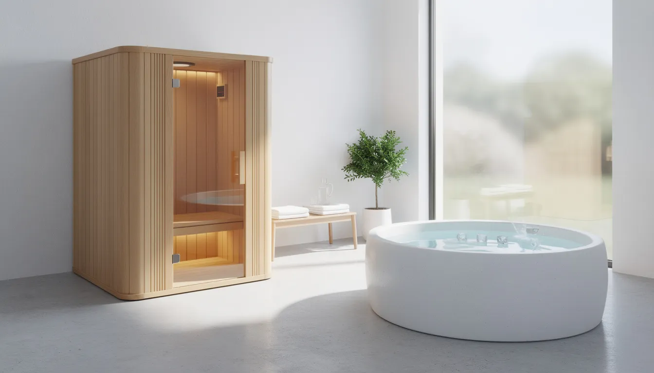 The image depicts a modern wellness corner in a minimalist home, featuring a wooden infrared sauna cabin designed for infrared sauna therapy and a cold plunge tub, promoting relaxation and overall well-being. This serene space highlights the trend of incorporating infrared saunas for mental and physical health benefits, including improved circulation and stress relief.