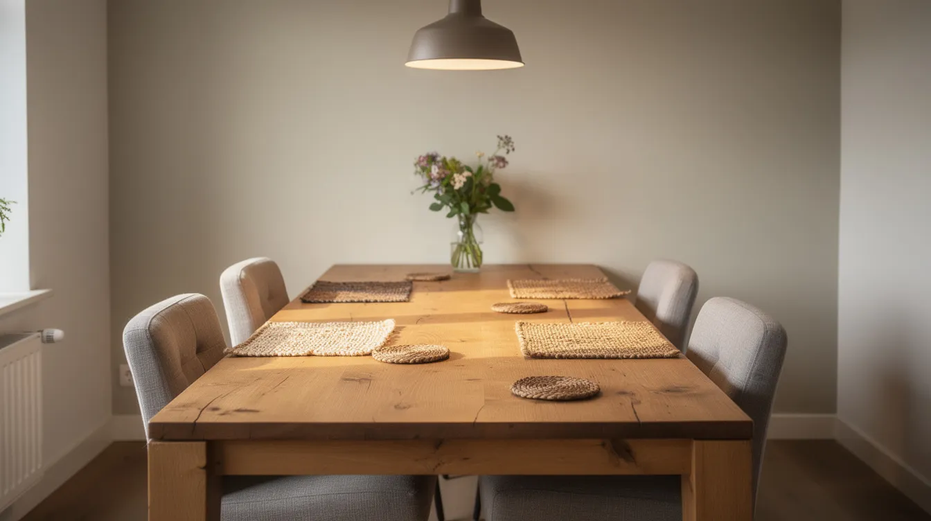 Een gezellige eethoek met een eiken tafel, waarop placemats en onderzetters liggen, biedt een uitnodigende sfeer voor maaltijden. Het eikenhout is goed onderhouden en heeft een natuurlijke uitstraling, wat bijdraagt aan de warme ambiance van de ruimte.