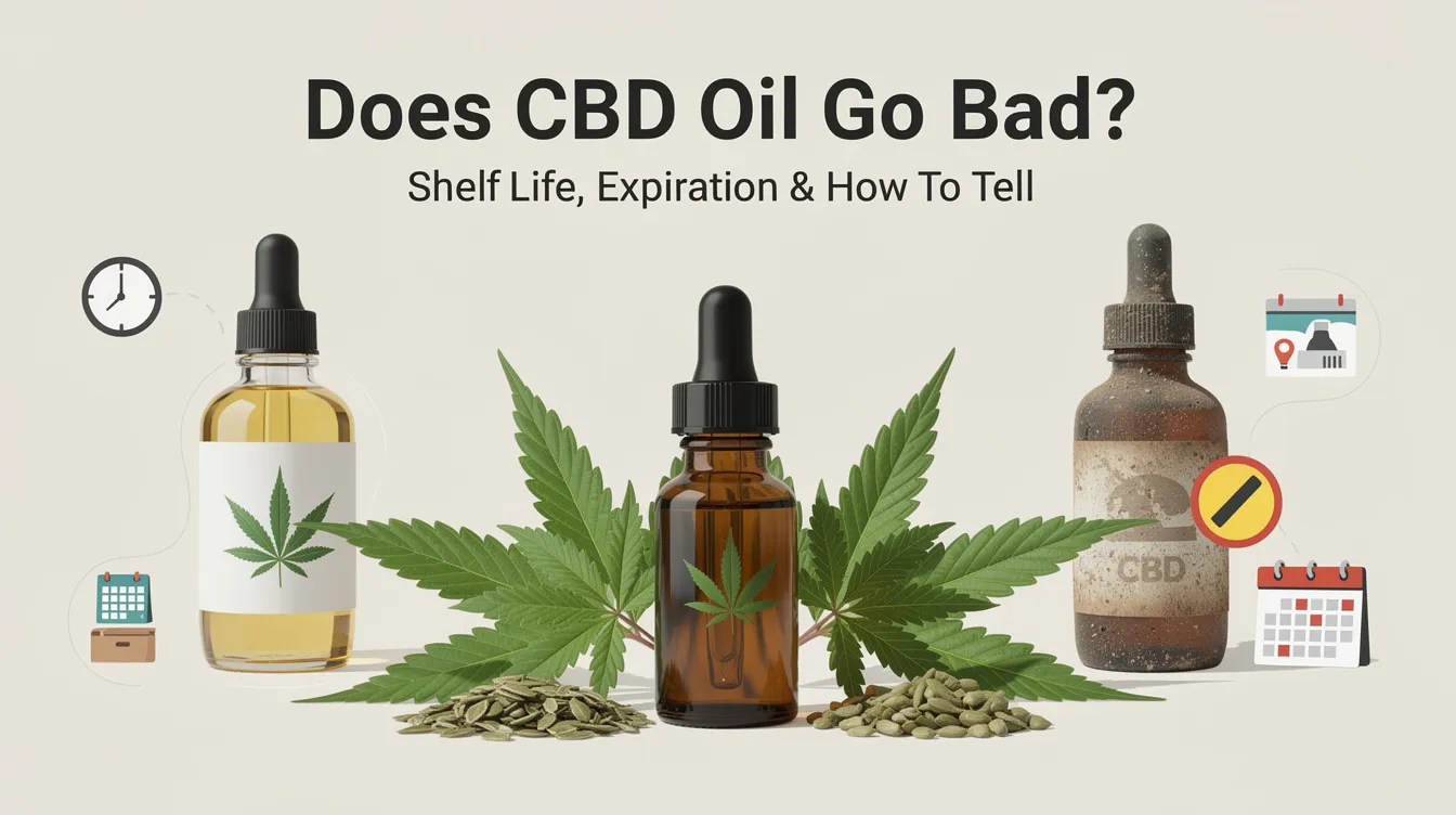 The image features a bottle of CBD oil, emphasizing the importance of proper storage and shelf life. It highlights factors like expiration dates, signs of expired CBD oil, and tips for maintaining the oil's freshness, such as storing it in a cool, dark place away from direct sunlight.