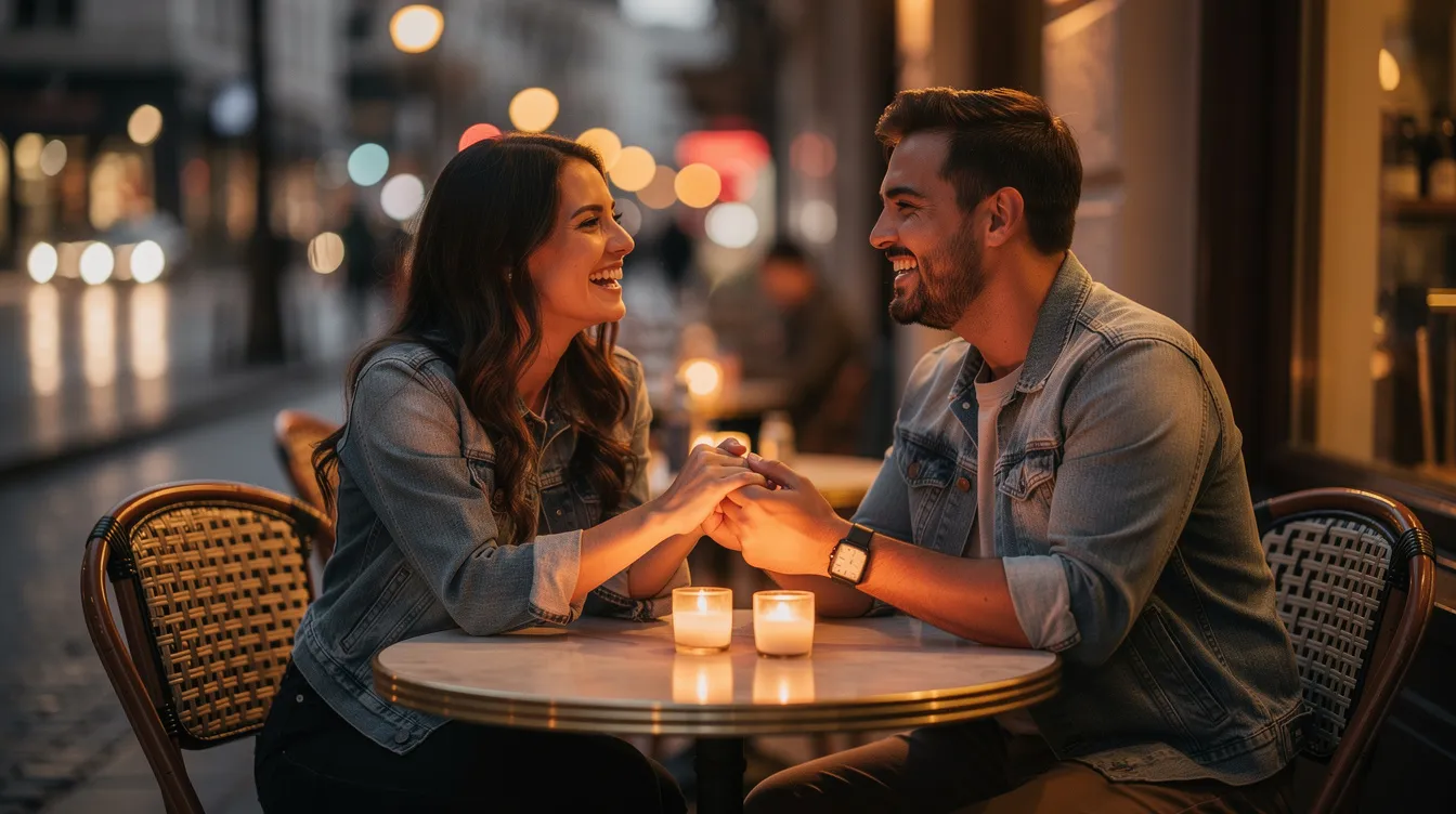 A couple is enjoying a date at a cozy restaurant, sharing a meal and engaged in deep conversation, highlighting their emotional connection and compatibility. Their body language suggests mutual respect and great chemistry, indicative of a potential long-term relationship.