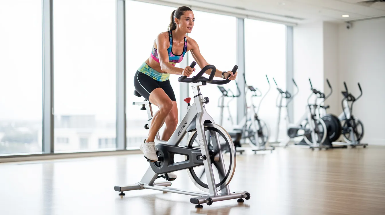 The image shows a person cycling on a stationary bike in a bright fitness studio, emphasizing the importance of regular physical activity for overall health and well-being. This scene highlights how high-intensity exercise can play a significant role in improving metabolic health and potentially extending lifespan through longevity interventions.
