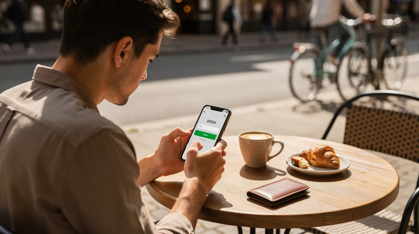 A person is sitting at a cafe table, using a smartphone app to send money, likely in Danish krone, the official currency of Denmark. The scene captures a modern approach to financial transactions, highlighting the convenience of mobile payments in everyday life.