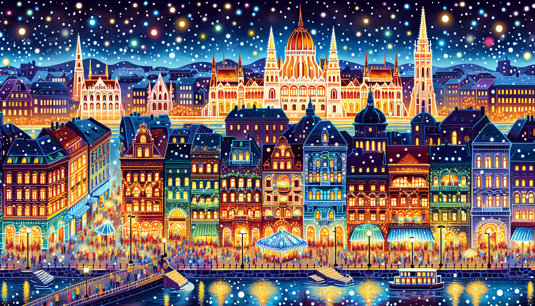 En illustration der fanger essensen af Budapests livlige natteliv og kulturelle mix.