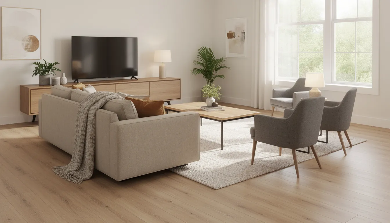 The image features a modern living room adorned with light oak luxury vinyl plank flooring, complemented by comfortable furniture that creates a cozy atmosphere. This stylish space showcases the elegance of nova flooring, perfect for any home design in Pittsburgh, PA.